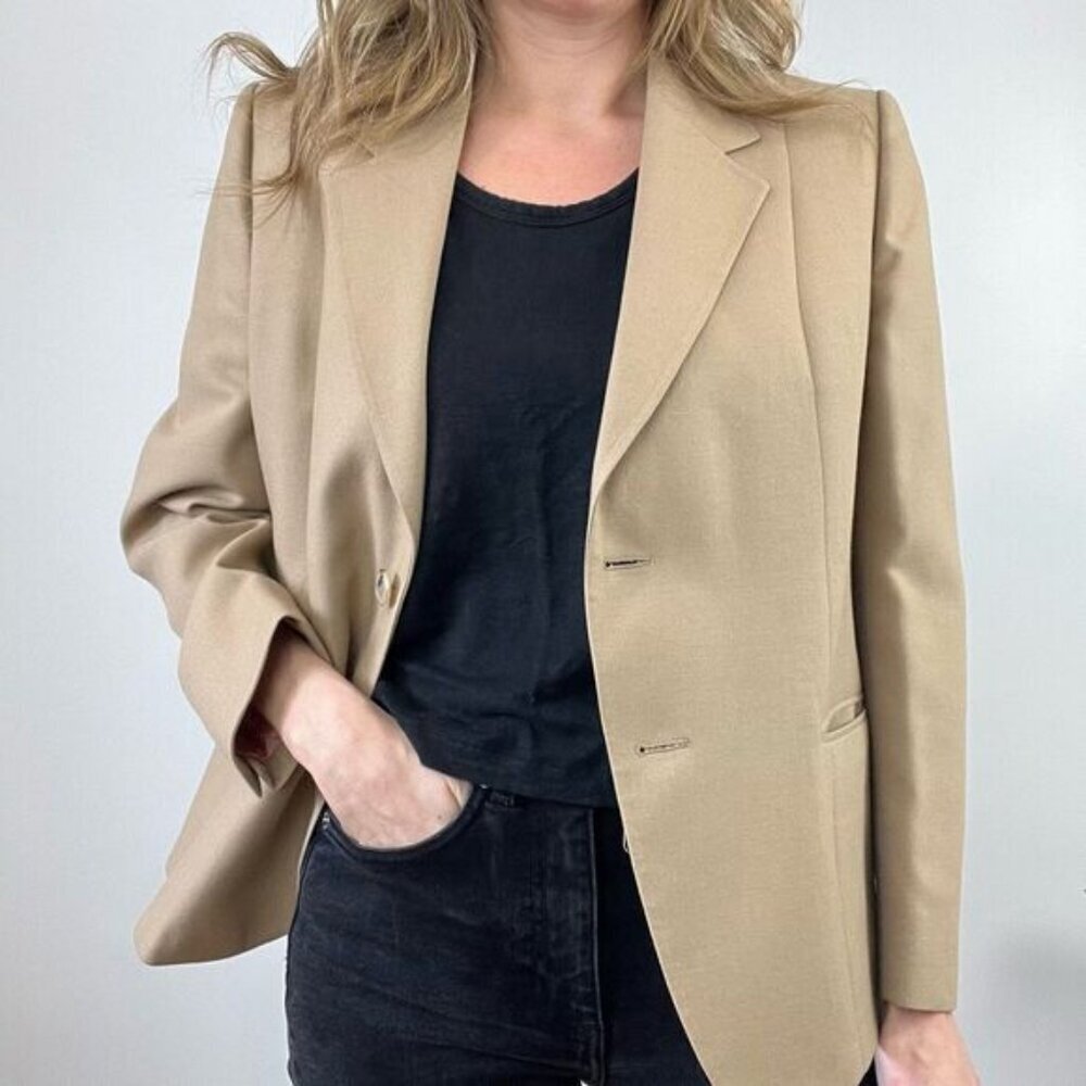 Vintage Women’s Medium Tan Wool Classic Suit Jacket Blazer Sports Coat 2 Button